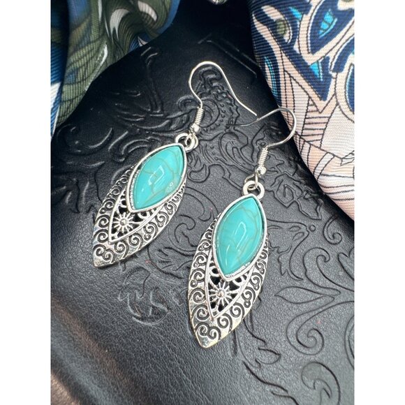 2/$24 Silver-Tone Dangle Earrings Turquoise Stone & Intricate Filigree Design - Picture 3 of 5